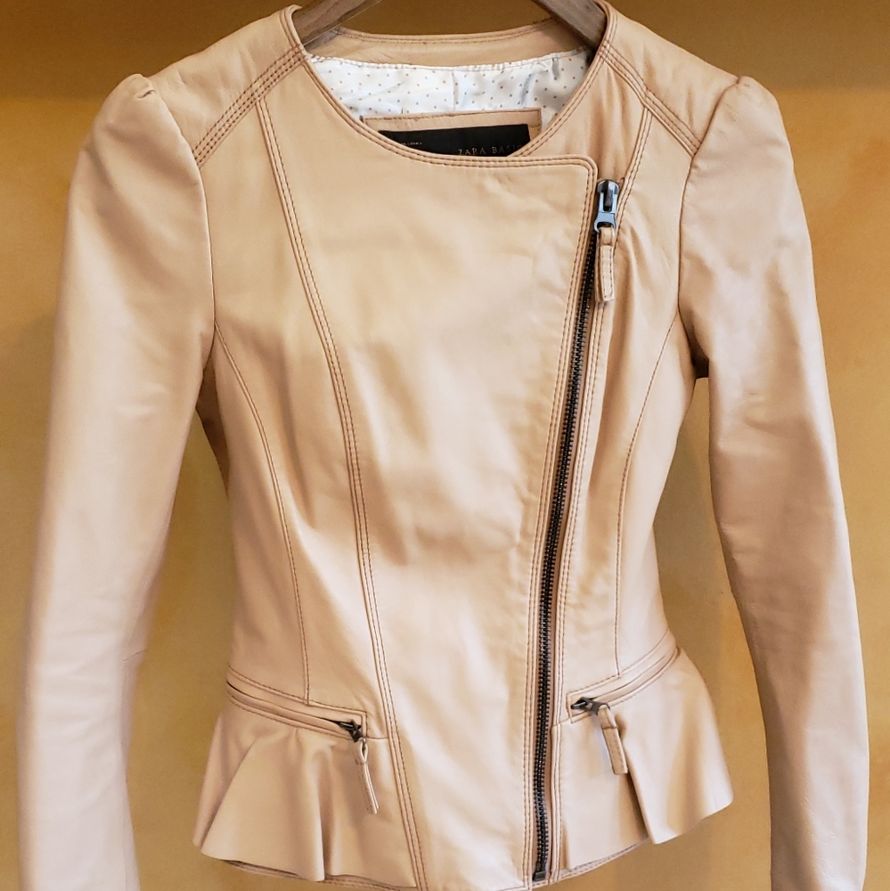 Zara Nude Leather Jacket with Ruffle Detail